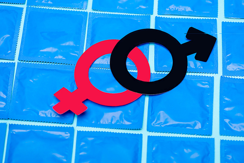 gender symbols on condoms isolated on blue