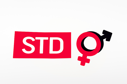 top view of gender symbols near paper with std lettering isolated on white