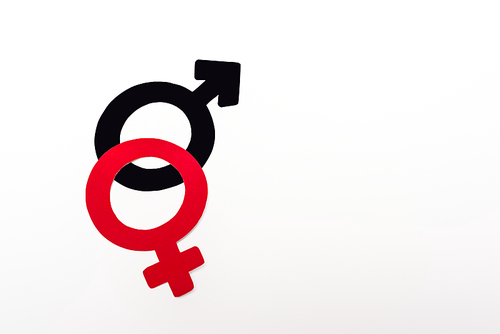 top view of red and black gender symbols isolated on white
