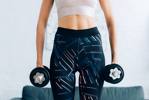 Cropped view of fit sportswoman holding dumbbells at home