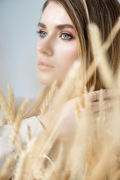 young woman looking away near spikelets of wheat on blurred foreground