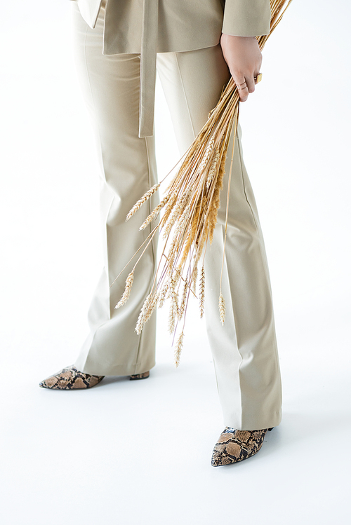 cropped view of young woman in beige pants holding wheat and standing on white