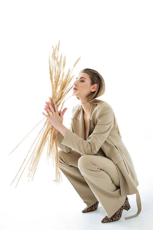 young woman in beige suit sitting while holding wheat on white