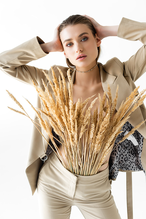 trendy young model in beige suit with wheat spikelets posing isolated on white
