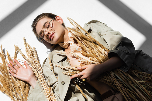 top view of pleased woman in glasses, trench coat and scarf lying near wheat on white