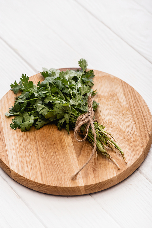 green parsley on wooden board on white background