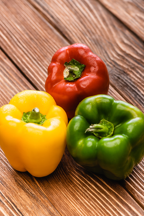 colorful ripe bell peppers on wooden table
