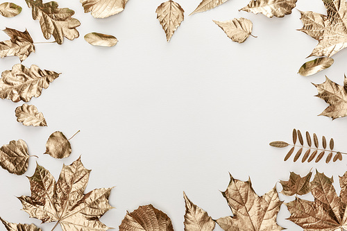 frame of golden foliage on white background with copy space