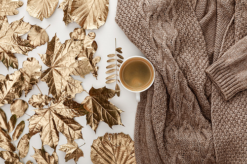 top view of knitted brown sweater, coffee and golden foliage on white background