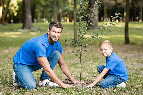smiling father and son  while planting young tree in forest, ecology concept