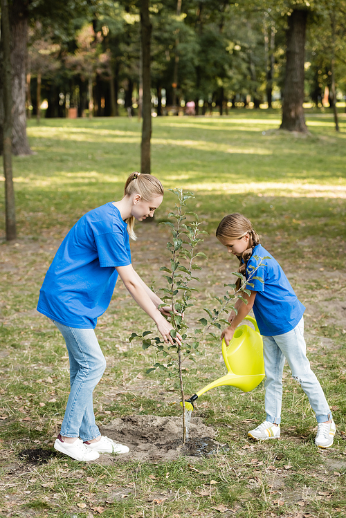 side view of mother and daughter planting young tree in park, ecology concept