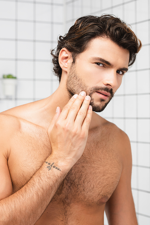 Bearded man touching chin while  in bathroom