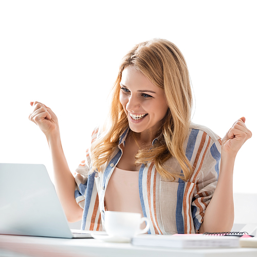 Selective focus of happy woman smiling during webinar