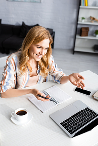 Selective focus of attractive woman smiling and gesturing near laptop and coffee