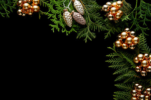 top view of shiny golden Christmas decoration on green thuja branches isolated on black with copy space