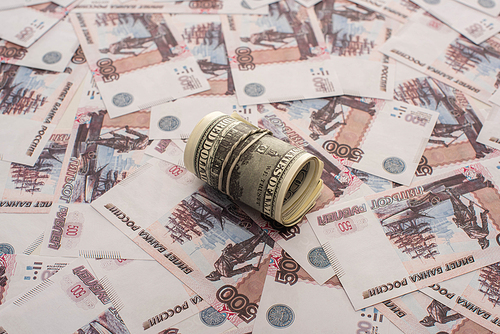 dollars cash roll on russian ruble banknotes