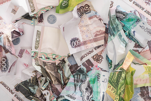 top view of crumpled russian ruble banknotes