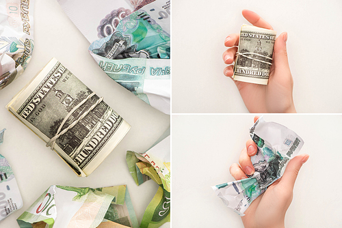 collage of woman holding cash roll and ruble banknote near crumpled money isolated on white