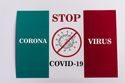 top view of Italian flag on white background, stop coronavirus illustration