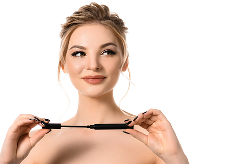 smiling naked beautiful blonde woman with makeup and black nails holding mascara isolated on white