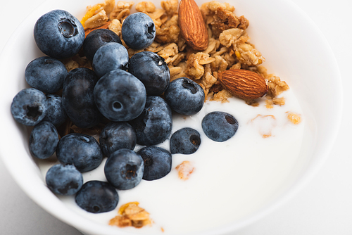 closeup of delicious granola with nuts, yogurt, blueberry in bowl