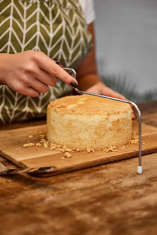 Cropped view of confectioner cutting cake with cake slicer