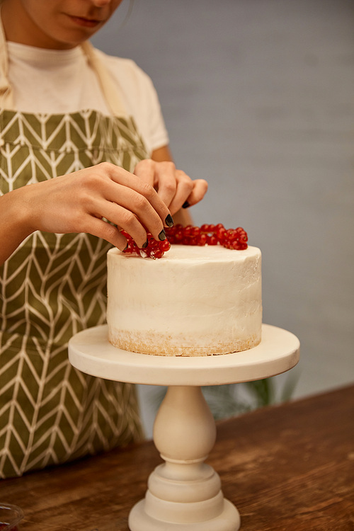 Cropped view of confectioner decorated cake with redcurrant