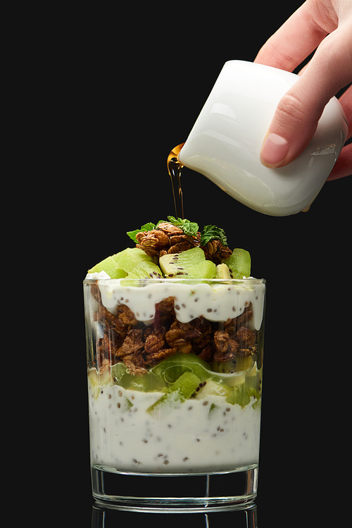 유토이미지 | 상세페이지 | 베이직샵 | 21602762 | cropped view of woman adding syrup to fresh granola with kiwi and yogurt... 