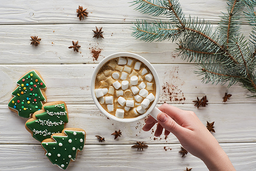 cropped view of woman holding mug with cacao and marshmallows at white wooden table with anise, pine branch and Christmas cookies