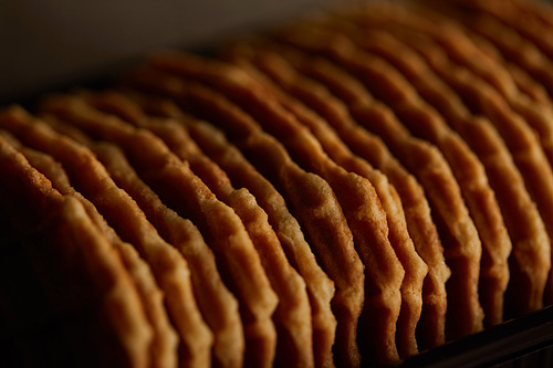 close up view of delicious thin crispy waffles