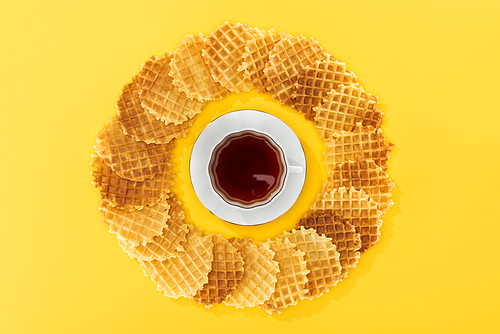 top view of waffles in circle with cup of tea in middle on yellow