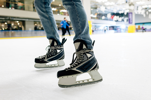 cropped view of man in jeans and skates standing on skating rink