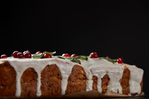 traditional Christmas cake with cranberry isolated on black