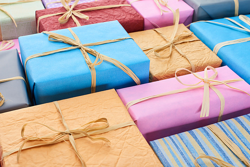 wrapped and colorful presents with bows