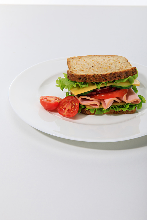 fresh sandwich with lettuce, ham, cheese, bacon and tomato on plate on white background