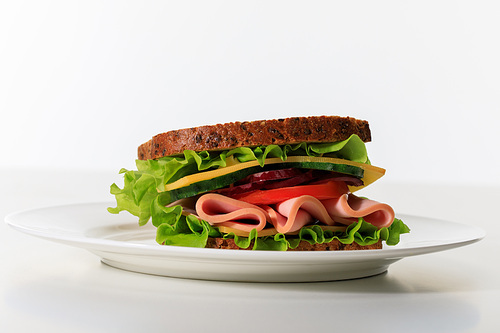 fresh sandwich with lettuce, ham, cheese, bacon and tomato on plate isolated on white
