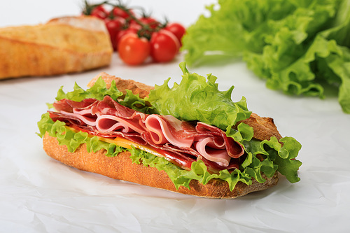 selective focus of fresh sandwich with lettuce, ham, cheese, bacon and tomato on textured white background