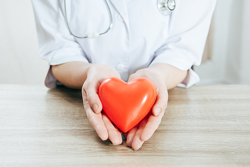 cropped view of doctor in white coat holding plastic heart