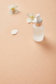 cosmetic glass bottle near jasmine flowers on beige
