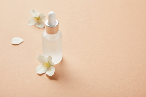 cosmetic glass bottle with serum and few jasmine flowers on beige