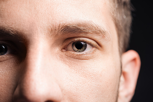 close up view of adult man eyes with eyelashes and eyebrows 