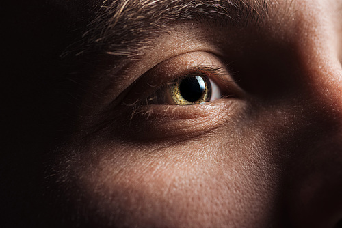 close up view of adult man eye looking away in darkness