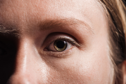 close up view of woman eye with eyelashes and eyebrow