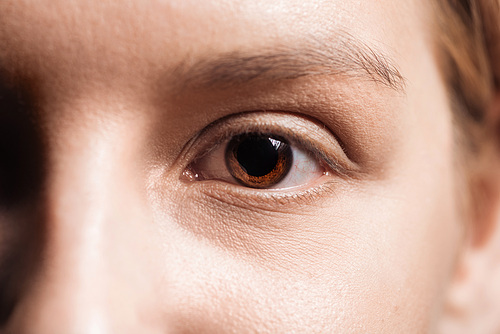 close up view of young woman brown eye