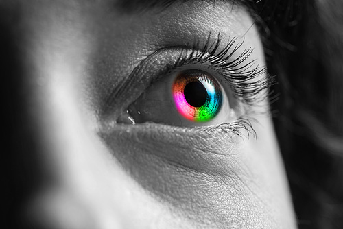 black and white shot of human with rainbow colors eye