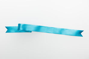 top view of blue decorative satin ribbon isolated on white