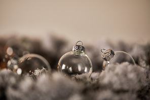transparent christmas balls on spruce branches in snow