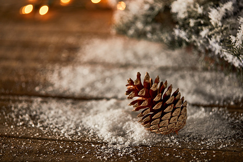pine cone on wooden table with spruce branches in snow and blurred christmas lights