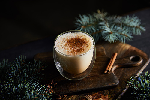 delicious eggnog cocktail on cutting board near spruce branches and cinnamon sticks isolated on black