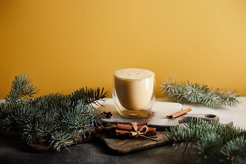 eggnog cocktail on table covered with sugar powder, spruce branches and cinnamon sticks isolated on orange